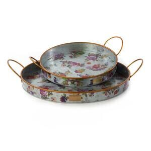 Brand New Mackenzie Childs Flower Market Galvanized Serving Trays, Set of 2